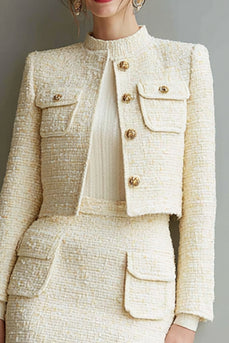 2 Piece Ivory Tweed Pencil Single Breasted Short Pageant Interview Outfits