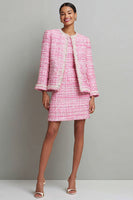 Load image into Gallery viewer, Pink Tweed Pencil Round Neck Long Sleeves Short Homecoming Outfits