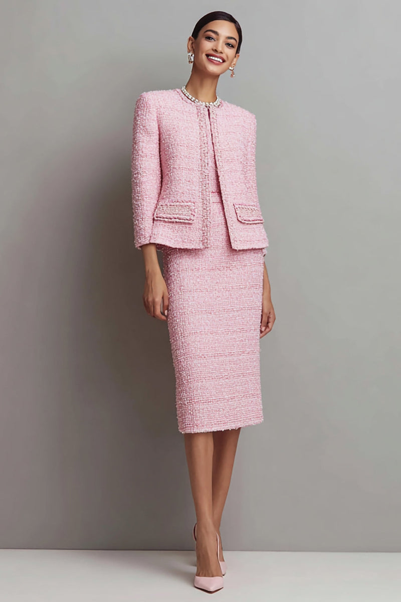 Load image into Gallery viewer, Queendancer Women  2 Piece Pink Midi Pageant Interview Outfits with Sleeves Pencil Tweed Round Neck Business Suits