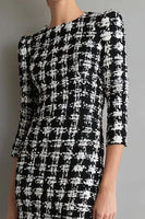 Load image into Gallery viewer, Mix Black Grid Tweed Mermaid Bateau Neck Midi Work Dress with Sleeves