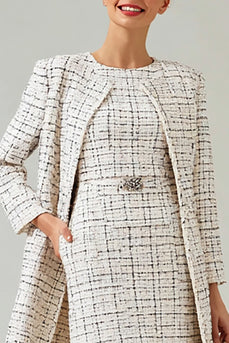 Mix Black Grid Tweed Round Neck 2 Piece Midi Pageant Interview Outfits