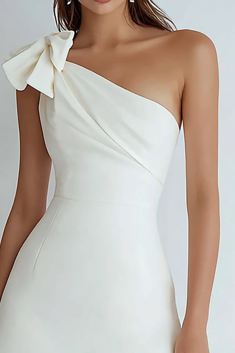 Load image into Gallery viewer, Ivory Satin A Line Ruched One Shoulder Short Graduation Dress with Bow