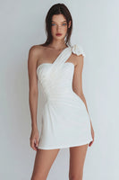 Load image into Gallery viewer, Ivory Tight One Shoulder Ruched Satin Short Graduation Dress with Bow