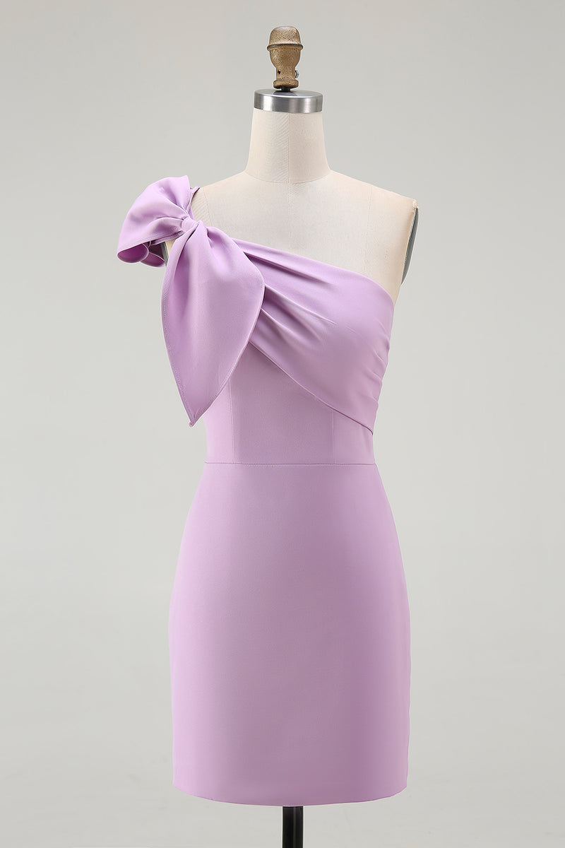 Load image into Gallery viewer, Lilac One Shoulder Satin Ruffled Tight Short Graduation Dress with Bow