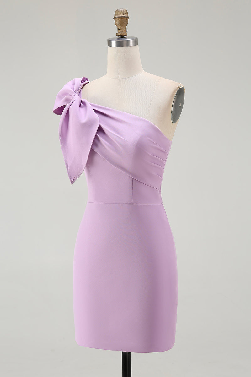 Load image into Gallery viewer, Lilac One Shoulder Satin Ruffled Tight Short Graduation Dress with Bow