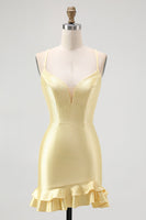 Load image into Gallery viewer, Sparkly Yellow Satin Tight Ruffled Short Homecoming Dress with Beading