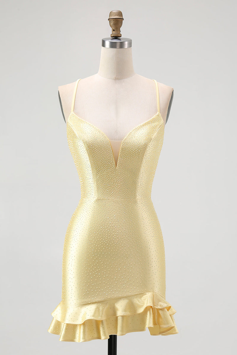 Load image into Gallery viewer, Sparkly Yellow Satin Tight Ruffled Short Homecoming Dress with Beading
