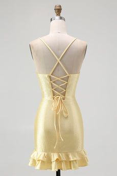 Sparkly Yellow Satin Tight Ruffled Short Homecoming Dress with Beading