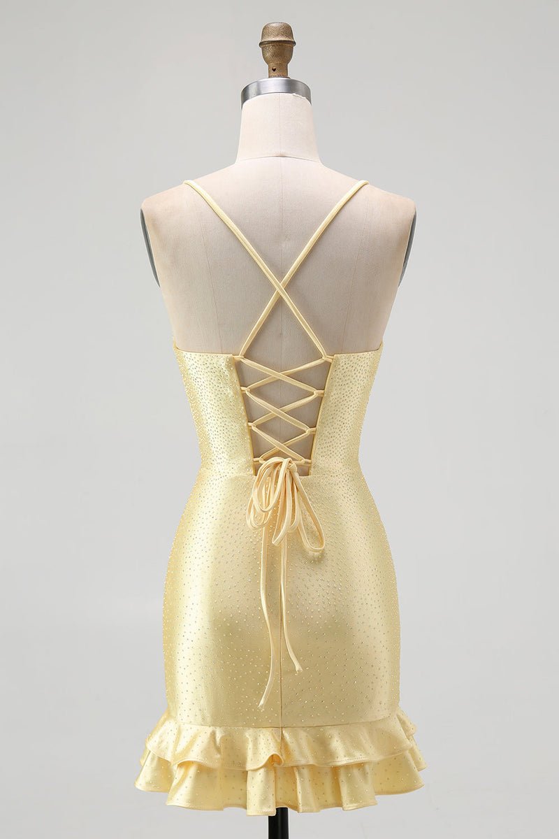Load image into Gallery viewer, Sparkly Yellow Satin Tight Ruffled Short Homecoming Dress with Beading