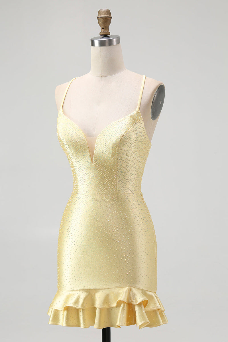 Load image into Gallery viewer, Sparkly Yellow Satin Tight Ruffled Short Homecoming Dress with Beading