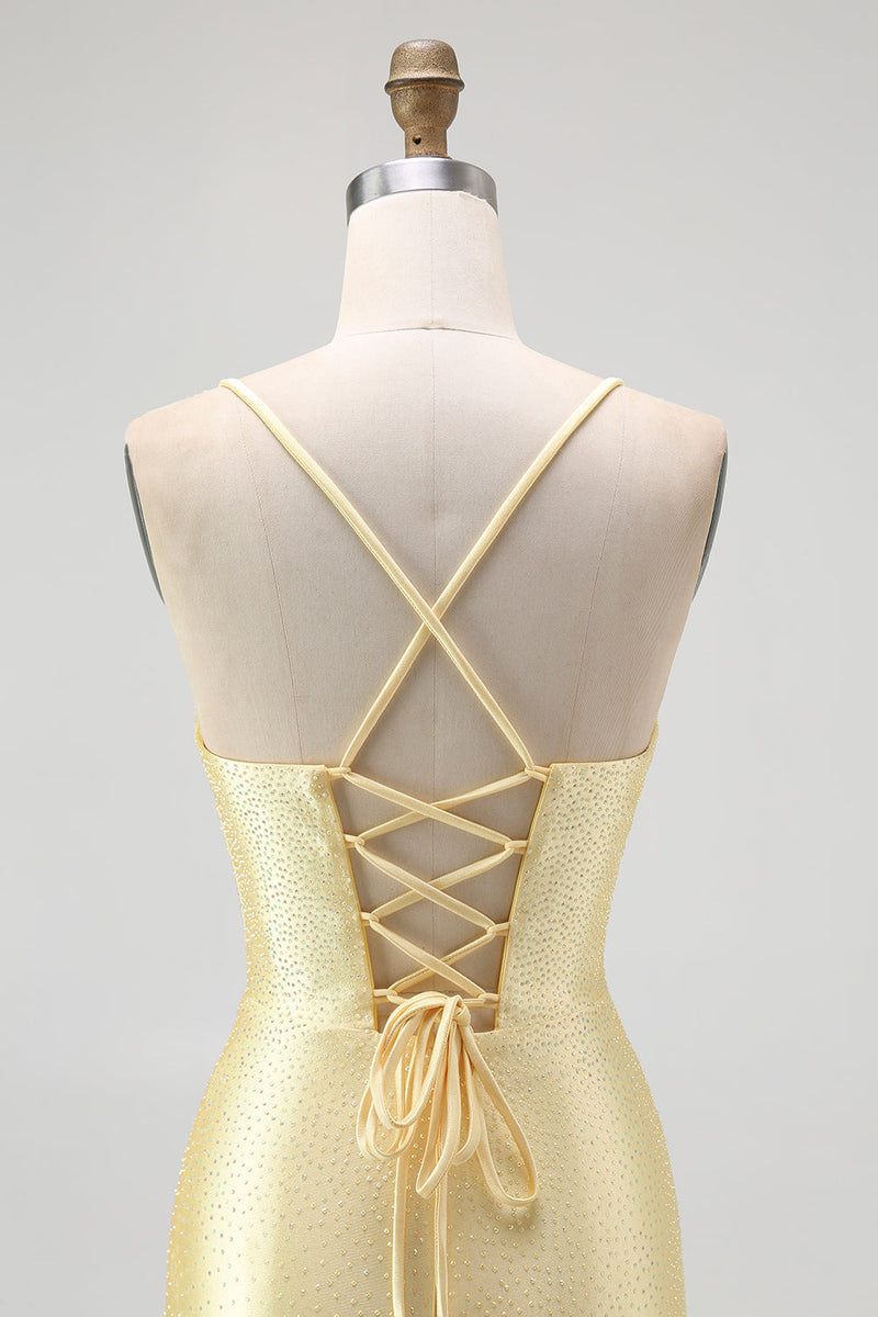 Load image into Gallery viewer, Sparkly Yellow Satin Tight Ruffled Short Homecoming Dress with Beading