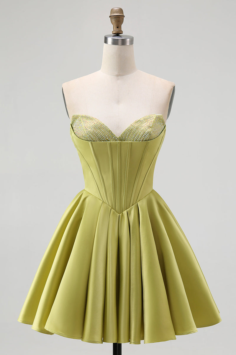 Load image into Gallery viewer, Sparkly Green Satin A-Line Sweetheart Short Homecoming Dress with Beading