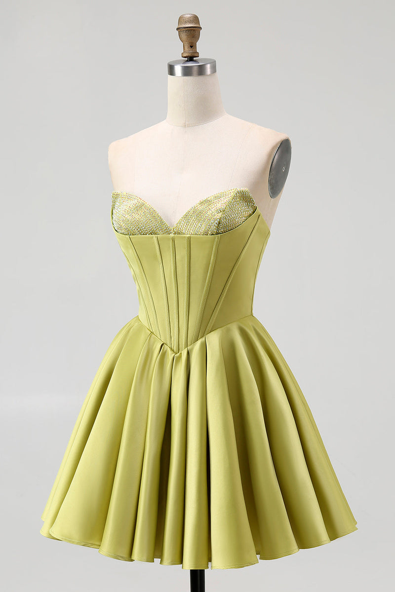 Load image into Gallery viewer, Sparkly Green Satin A-Line Sweetheart Short Homecoming Dress with Beading