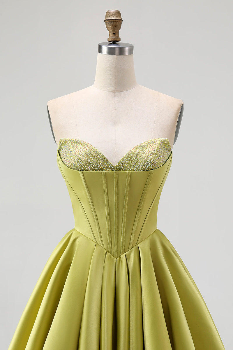 Load image into Gallery viewer, Sparkly Green Satin A-Line Sweetheart Short Homecoming Dress with Beading