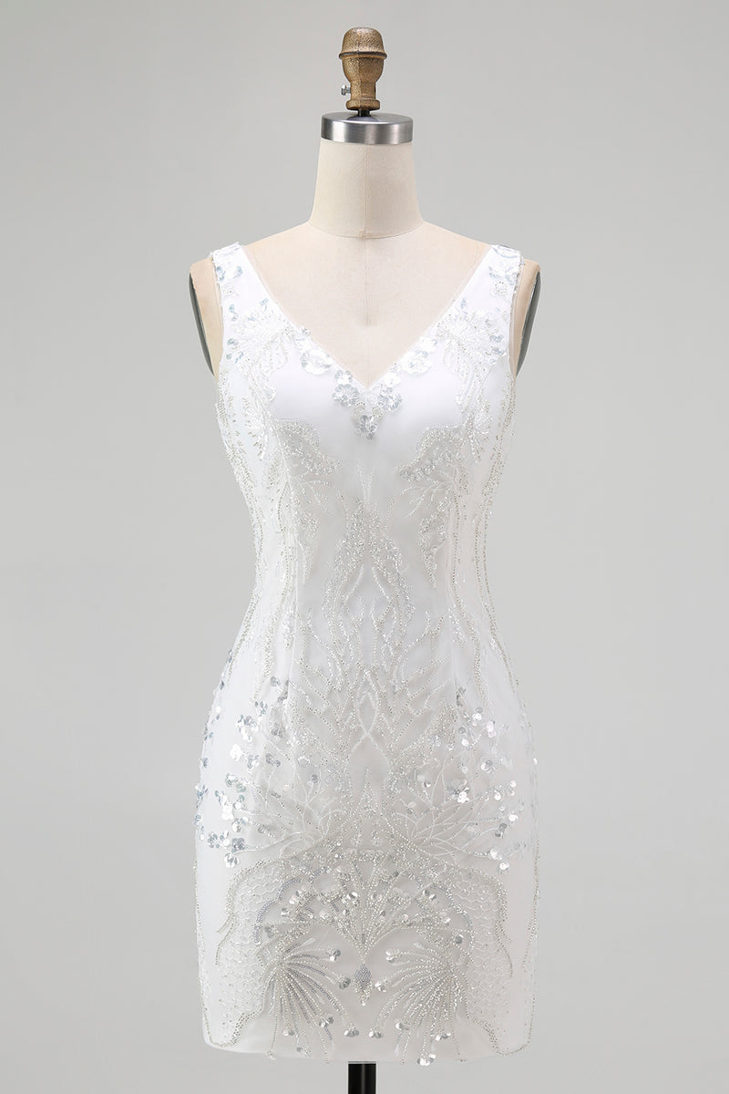 Load image into Gallery viewer, Sparkly White Tight V-Neck Short Homcoming Dress with Sequins