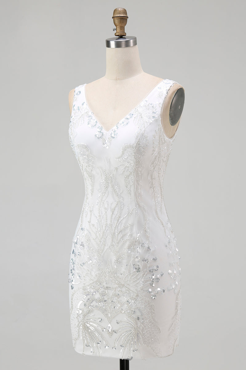 Load image into Gallery viewer, Sparkly White Tight V-Neck Short Homcoming Dress with Sequins