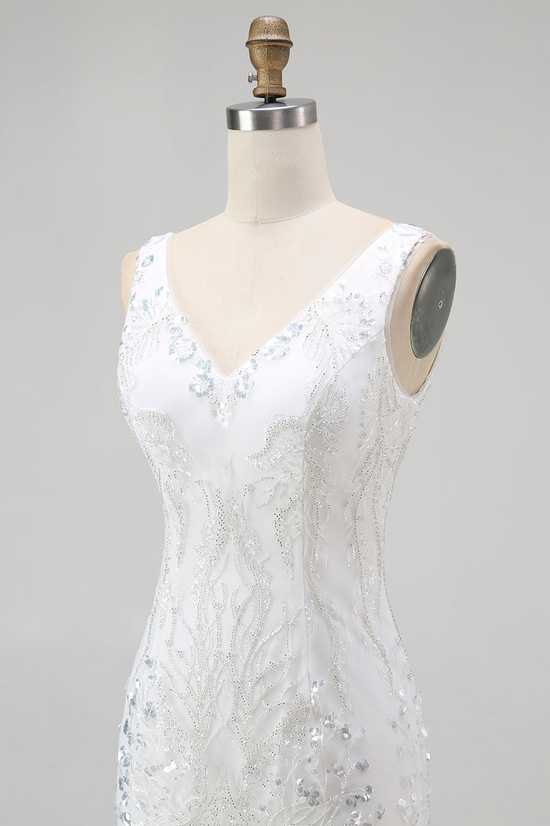 Load image into Gallery viewer, Sparkly White Tight V-Neck Short Homcoming Dress with Sequins