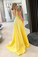 Load image into Gallery viewer, Sparkly Yellow V-Neck Satin A-Line Long Prom Dress with Beading
