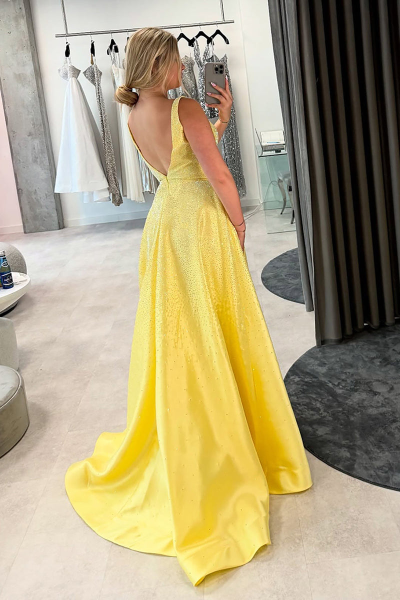 Load image into Gallery viewer, Sparkly Yellow V-Neck Satin A-Line Long Prom Dress with Beading
