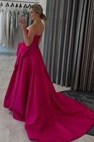 Load image into Gallery viewer, Fuchsia Satin Ruched A-Line Strapless Long Prom Dress with Bow
