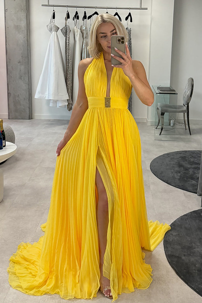 Load image into Gallery viewer, Yellow Chiffon A-Line Pleated Halter Long Prom Dress with Slit