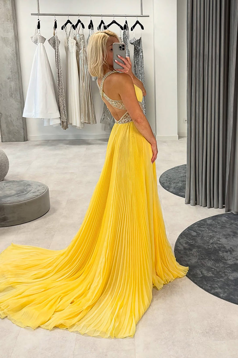 Load image into Gallery viewer, Sparkly Yellow Chiffon Pleated A-Line Long Prom Dress with Beading