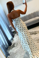Load image into Gallery viewer, White Black Dot Sheath Halter Long Prom Dress with Slit