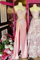 Load image into Gallery viewer, Sparkly Blush Satin Sheath Ruched Long Corset Prom Dress with Slit