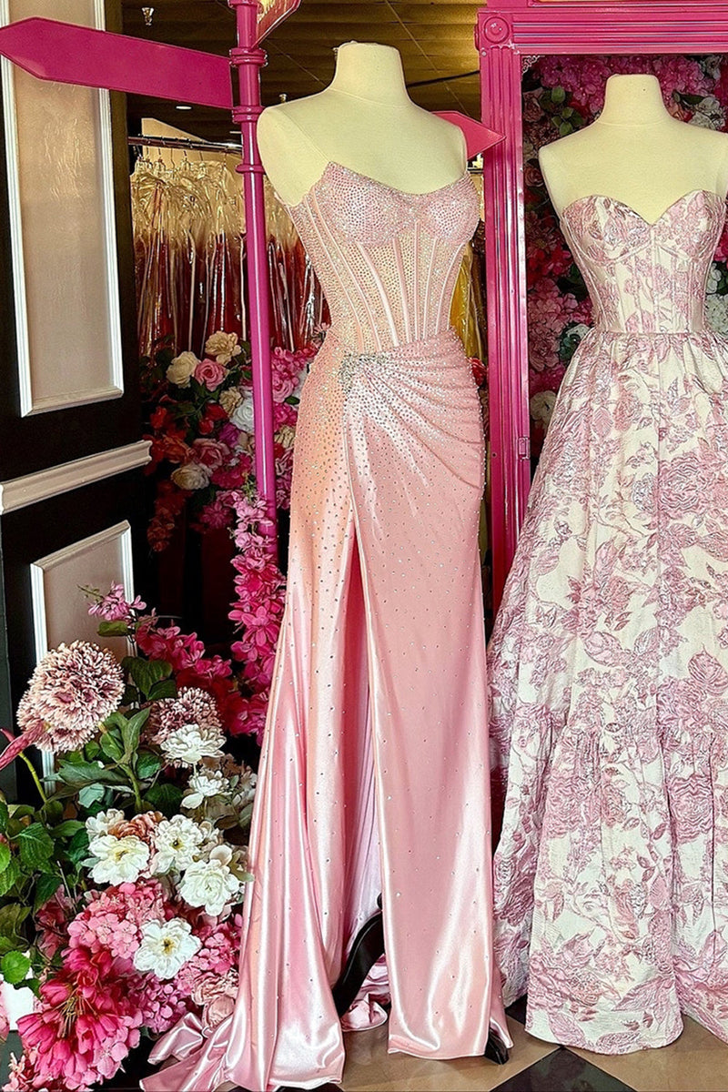 Load image into Gallery viewer, Sparkly Blush Satin Sheath Ruched Long Corset Prom Dress with Slit