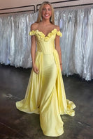 Load image into Gallery viewer, Floral Yellow Satin Off the Shoulder Long Corset Prom Dress with Cape
