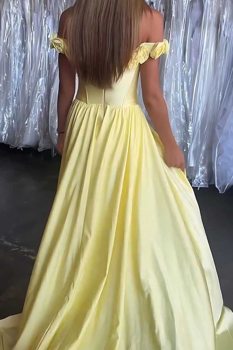 Load image into Gallery viewer, Floral Yellow Satin Off the Shoulder Long Corset Prom Dress with Cape