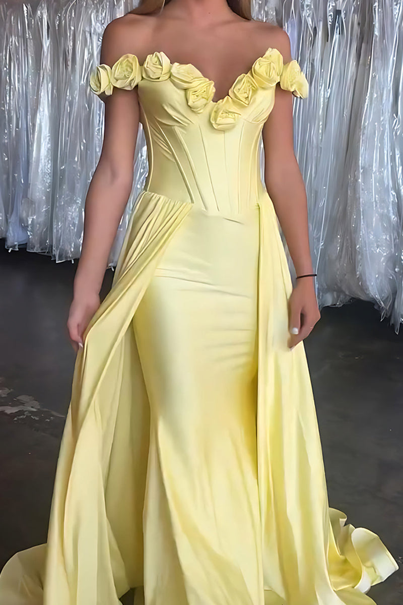 Load image into Gallery viewer, Floral Yellow Satin Off the Shoulder Long Corset Prom Dress with Cape