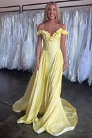 Load image into Gallery viewer, Floral Yellow Satin Off the Shoulder Long Corset Prom Dress with Cape