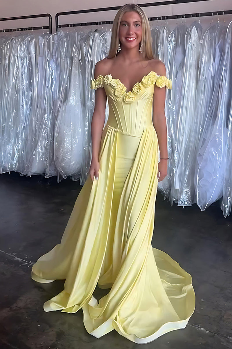 Load image into Gallery viewer, Floral Yellow Satin Off the Shoulder Long Corset Prom Dress with Cape