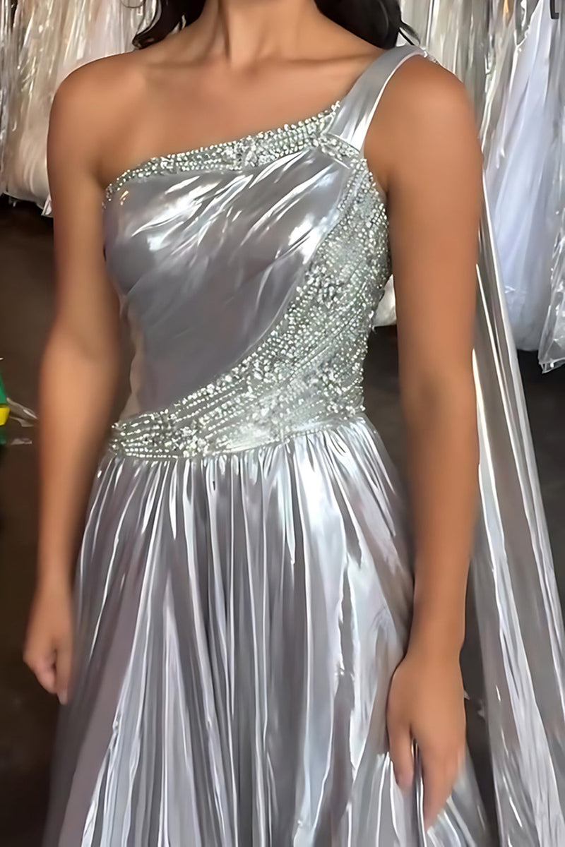 Load image into Gallery viewer, Sparkly Silver One Shoulder Metallic A Line Beaded Long Prom Dress