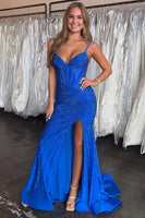 Load image into Gallery viewer, Sparkly Royal Blue Sheath Beaded Long Corset Prom Dress with Slit