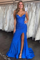 Load image into Gallery viewer, Sparkly Royal Blue Sheath Beaded Long Corset Prom Dress with Slit