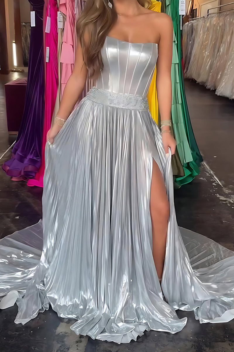 Load image into Gallery viewer, Sparkly Silver Metallic A Line Pleated Long Corset Prom Dress with Slit