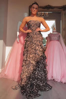 Load image into Gallery viewer, Sparkly Brown Leopard Tiered Strapless Beaded Long Prom Dress with Ruffles