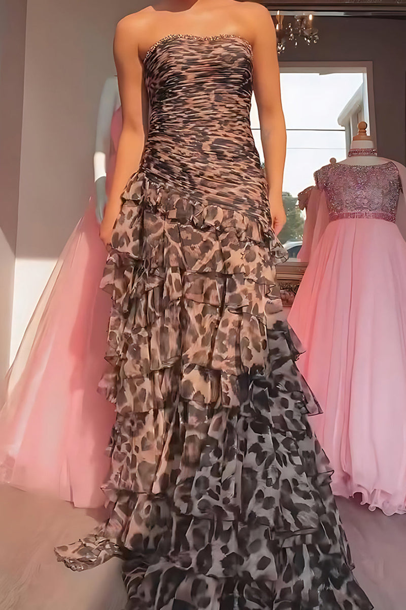 Load image into Gallery viewer, Sparkly Brown Leopard Tiered Strapless Beaded Long Prom Dress with Ruffles