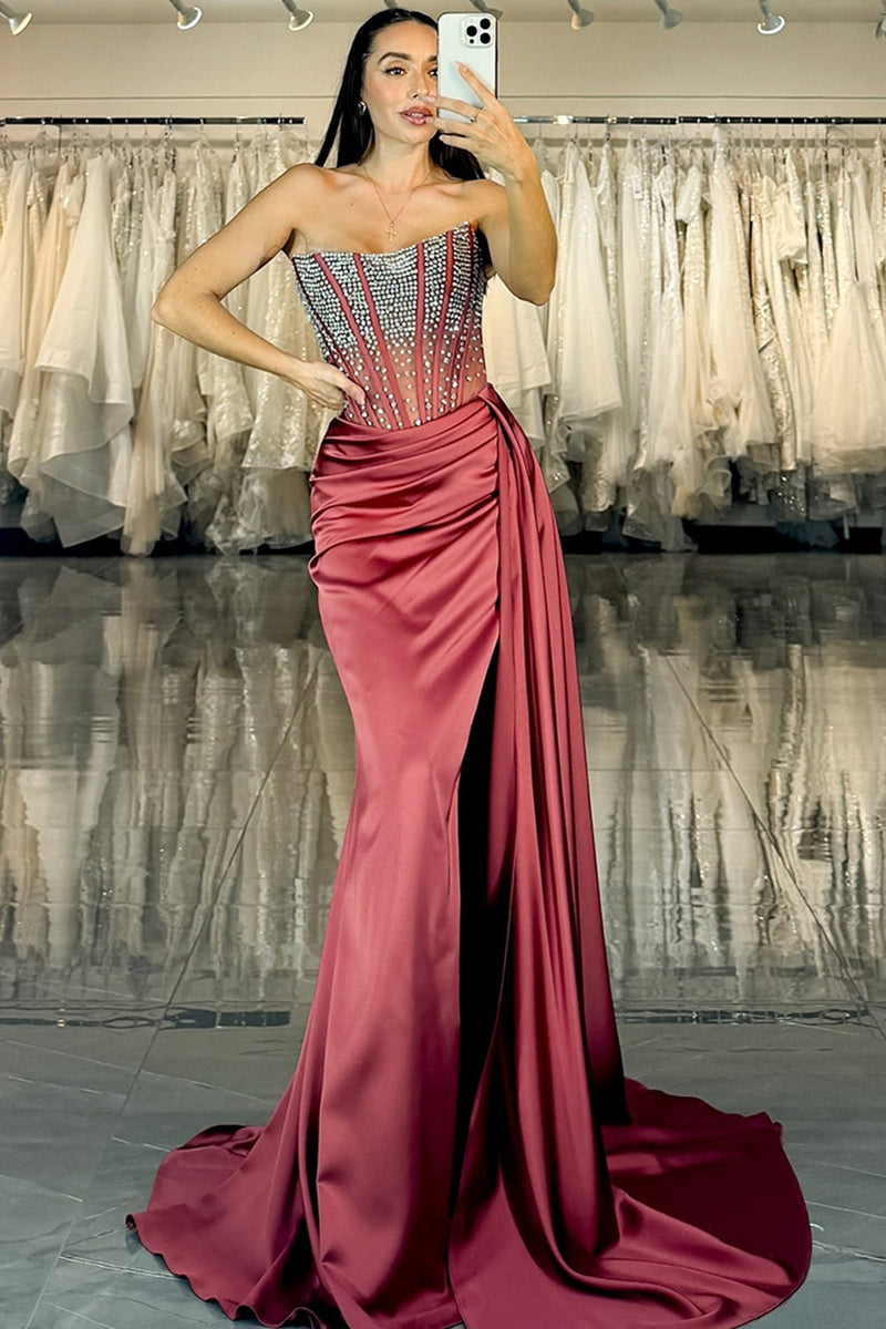Load image into Gallery viewer, Sparkly Burgundy Satin Mermaid Strapless Long Prom Dress with Slit