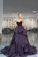 Load image into Gallery viewer, Sparkly Dark Purple Beaded Princess A Line Long Corset Prom Dress with Ruffles