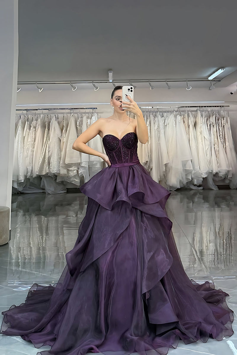 Load image into Gallery viewer, Sparkly Dark Purple Beaded Princess A Line Long Corset Prom Dress with Ruffles