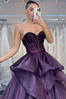 Load image into Gallery viewer, Sparkly Dark Purple Beaded Princess A Line Long Corset Prom Dress with Ruffles