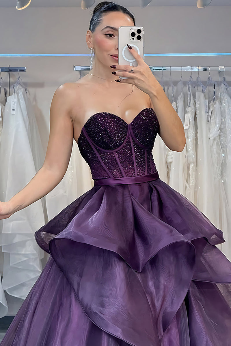 Load image into Gallery viewer, Sparkly Dark Purple Beaded Princess A Line Long Corset Prom Dress with Ruffles