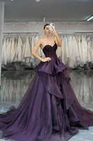 Load image into Gallery viewer, Sparkly Dark Purple Beaded Princess A Line Long Corset Prom Dress with Ruffles