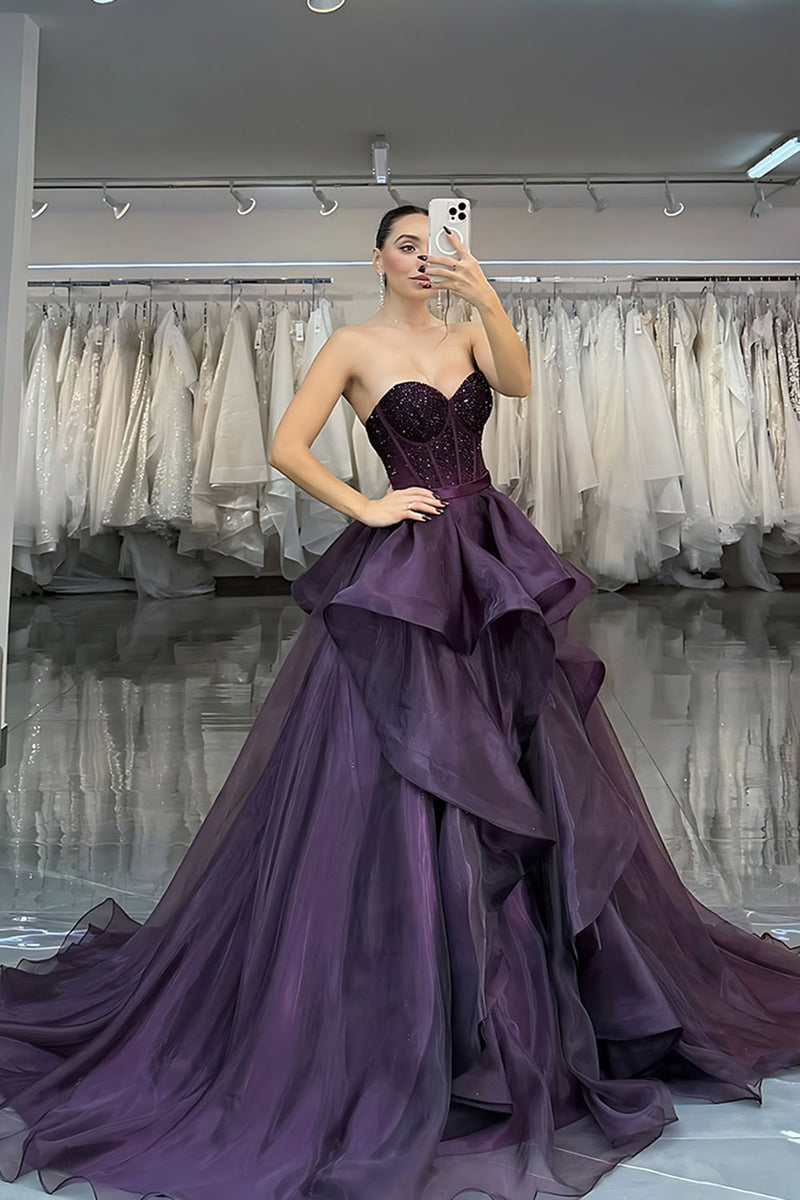 Queendancer Women Sparkly Dark Purple Long Corset Prom Dress with Ruffles  Princess Beaded A Line Sweetheart Formal Dress – queendancer