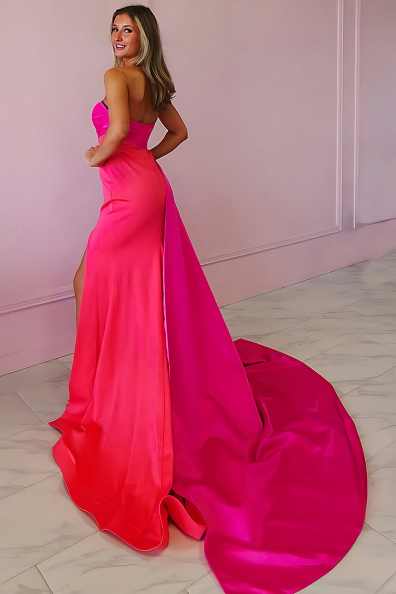 Load image into Gallery viewer, Fuchsia Sheath Satin Strapless Long Prom Dress with Cape