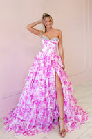 Load image into Gallery viewer, Sparkly Floral Fuchsia A Line Tiered Long Corset Prom Dress with Slit