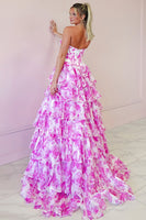 Load image into Gallery viewer, Sparkly Floral Fuchsia A Line Tiered Long Corset Prom Dress with Slit